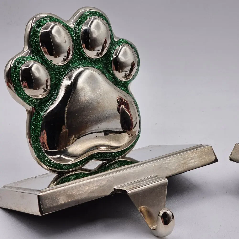 Set of 2 Silver Metal Paw Print Stocking Holder Sparkly Red and Green Christmas